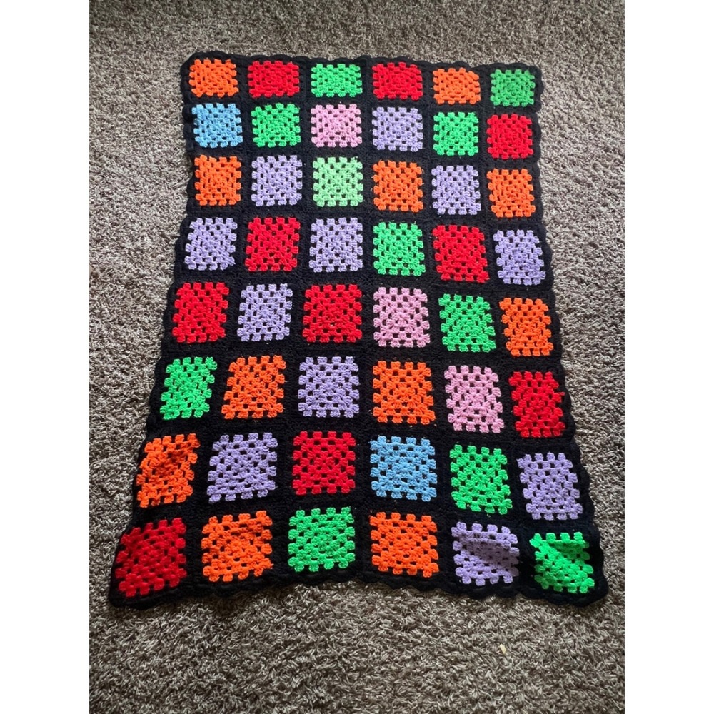 VTG Handmade Crochet Granny Square Blanket Neon Multi Color Black Throw 40x54